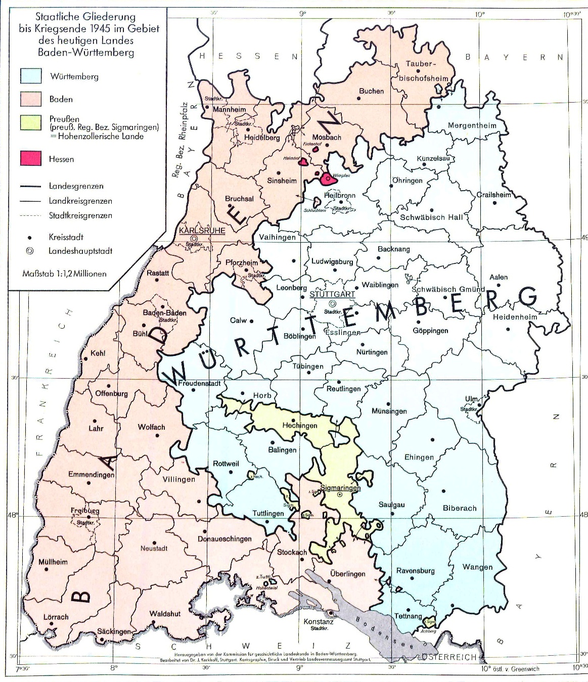 Die Landkarte zeigt die Staatliche Gliederung Südwestdeutschlands bis Kriegsende 1945, aufgeteilt in die Länder Württemberg, Baden und des preußischen Regierungsbezirk Sigmaringen bzw. Hohenzollern.