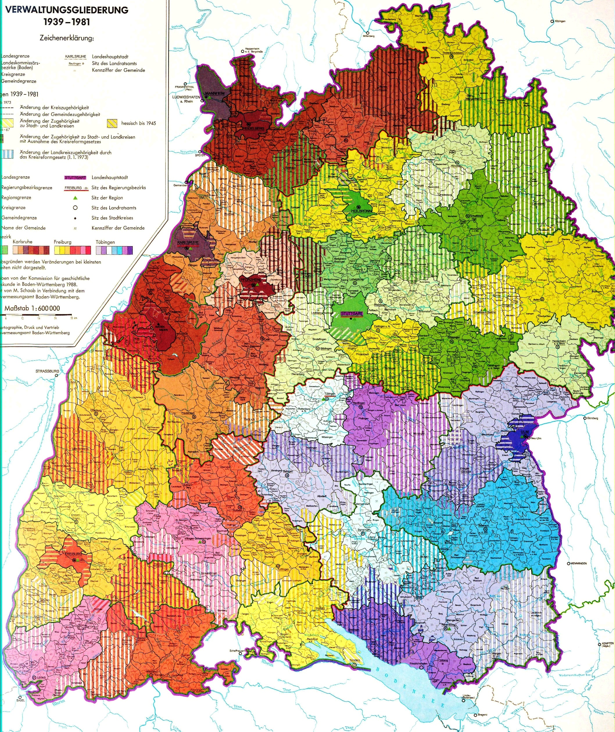 Die Landkarte zeigt die Verwaltungsgliederung Südwestdeutschlands im Verlauf der Zeitspanne von 1939 bis 1981.