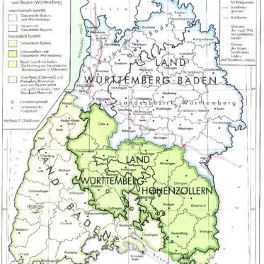 Die Karte zeigt Südwestdeutschland zwischen Kriegsende 1945 und der Bildung des Landes Baden-Württemberg. Südwestdeutschlands war dabei in drei Teilgebiete aufgeteilt: Das amerikanisch besetzte Land Würrtemberg im Norden, das französisch besetzte Land Baden im äußersten Südwesten, sowie das gleichfalls französisch besetzt Land Württemberg Hohenzollern im Südosten.