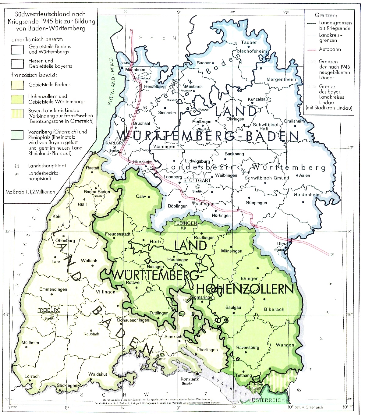 Die Karte zeigt Südwestdeutschland zwischen Kriegsende 1945 und der Bildung des Landes Baden-Württemberg. Südwestdeutschlands war dabei in drei Teilgebiete aufgeteilt: Das amerikanisch besetzte Land Würrtemberg im Norden, das französisch besetzte Land Baden im äußersten Südwesten, sowie das gleichfalls französisch besetzt Land Württemberg Hohenzollern im Südosten.