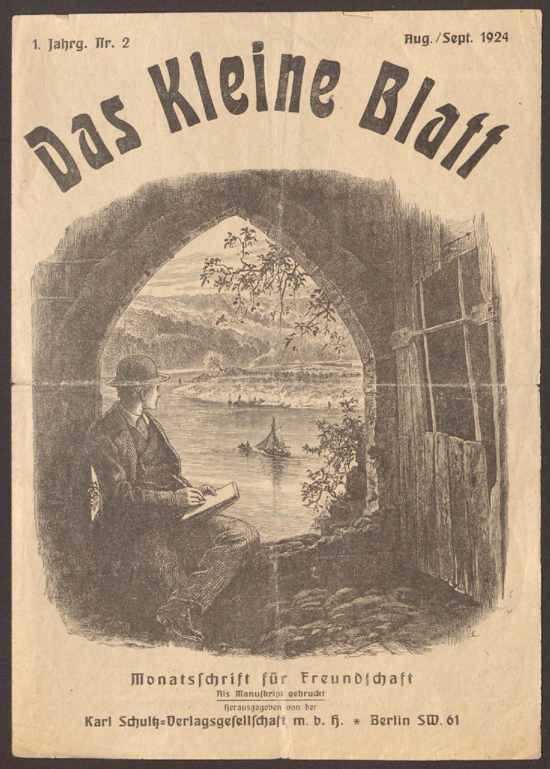 Das Bild zeigt das Titelblatt der Zeitschrift "Das Kleine Blatt" vom August/September 1924: Eine Mann, mit Stift und Block in den Händen, schaut aufmerksam dem Treiben auf einem Fluss und den angrenzenden Ufern zu.