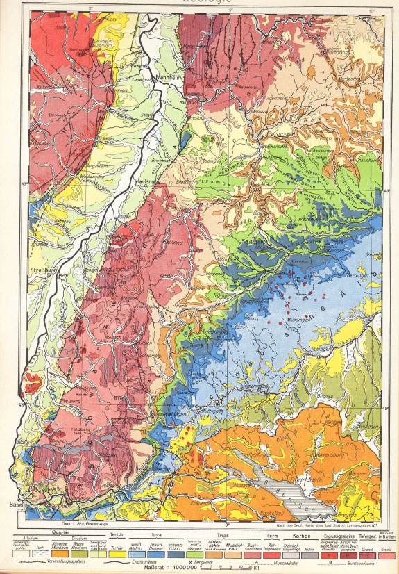 Die Landkarte zeigt eine ältere geologische Karte Südwestdeutschlands.